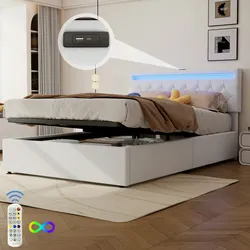 Merax 140*200 cm Doppelbett, Polsterbett, mit Umgebungslicht, USB- und Typ-C-Steckdose, Bett kann angehoben und abgesenkt werden, weiß