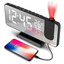 LITEYPP Projektionswecker Digital Wecker Radiowecker Digitalwecker Projektion LED Alarm Radio mit Akku Projektion 180 ° Dual-Alarm 12/24H USB-Anschluss 7" Spiegelbildschirm, Snooze