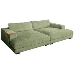 KAWOLA Big Sofa MADELINE mit Holztablett natur für Armlehne Cord olivgrün