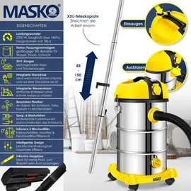 Masko MASKO® Industriestaubsauger Staubsauger Nass Trocken Sauger Edelstahl 2300W + Steckdose Blasfunktion Trocken-Saugen & Nass-Saugen Push&Clean Industrie-Sauger mit | ohne Beutel beutellos