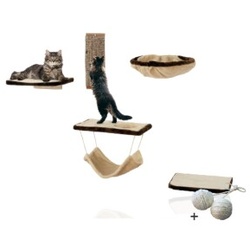 Rohrschneider Katzen-Kletterwand Katzenmöbel für die Wand 6-tlg in beige mit Gratis-Spielballset