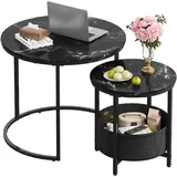 Wlive Couchtisch 2er Set, Beistelltisch Rund mit Stauraum, Wohnzimmertisch Holz mit Metallrahmen, Sofatisch für Wohnzimmer Schlafzimmer (Marmor Schwarz)