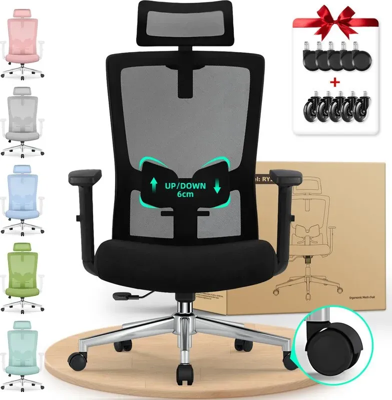White Label ergonomischer Bürostuhl mit verstellbarer Lendenstütze, Armlehnen und Kopfstütze, drehbar, 150 kg Belastbarkeit, Wippfunktion bis 135°