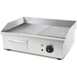 Vertes Grillplatte Bratplatte Plancha Grill Elektrisch 3000W aus Edelstahl Grillfläche Glatt & Mit Rillen 55x35cm, Thermostat, Temperatur 50-300°c, Spritz & Wärmeschutz, Auffangbehälter, Gummifüße