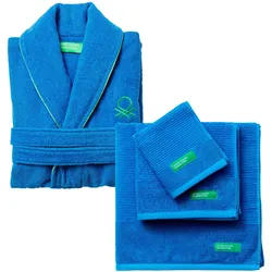 Benetton - Kapuzenbademantel M-L mit 3er Set Badetücher 100% Baumwolle Blau