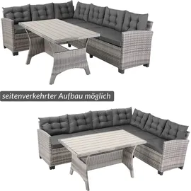 CASARIA CASARIA® Polyrattan Ecklounge Set WPC Esstisch Ecksofa inkl. 7 cm Sitzauflagen 15 cm Kissen Wetterfest Outdoor Lounge Garten Terrasse Balkon Möbel