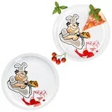 MamboCat 2er Set Alberto Pizzateller I Ø 30,5 cm I für 2 Personen I große Pizzateller mit Comic-Pizzabäcker aus Porzellan I XL-Speiseteller, Servierplatte