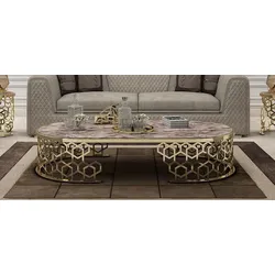 Casa Padrino Luxus Couchtisch mit Kunstmarmor Tischplatte Grau-Schwarz / Gold 140 cm