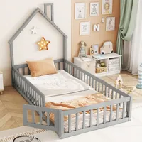 SOFTWEARY Hausbett mit Lattenrost und Rausfallschutz, 90x200 cm, Kinderbett, Jugendbett, Kiefer - Grau