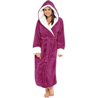 Damen Bademantel mit Kapuze Flauschig Lang Frottee Sauna Flanell Bademäntel Plüsch Verlängerte Bademantel Langarm Robe Mantel Saunamantel Nachthemden Langarm Schlafanzug mit Gürtel (L, Hot Rosa) - L