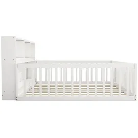 SOFTWEARY Kinderbett mit Lattenrost, und Zaun, 140x200 cm, Jugendbett, Rausfallschutz, Stauraum, Kiefer Weiß