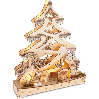 Brubaker 3D Lichterbogen LED Schwibbogen Tannenbaum Wald Weihnachtsbeleuchtung aus Holz Natur - 34 x 28 x 9 cm - Handbemalte Figuren - Weihnachtsdeko für Tisch & Fenster