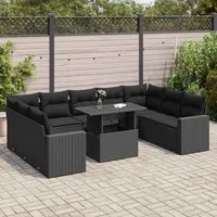 VidaXL 10-tlg. Garten-Sofagarnitur mit Kissen Schwarz Poly Rattan