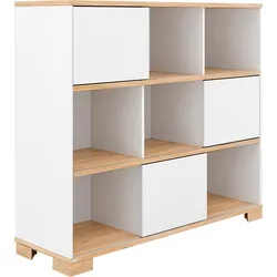 Standregal PAIDI "YOLANDA 9F", weiß (kreideweiß, eiche, montana), B:126,8cm H:112,8cm T:40,6cm, Regale, große Fächer, drei Schiebetüren individuell gestalten