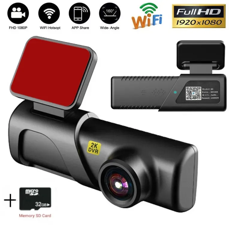 Dashcam / Auto-Videorecorder 2K HD WiFi USB DVR-Kamera mit G‐Sensor, Nachtsicht + 32 GB, Mikrofon