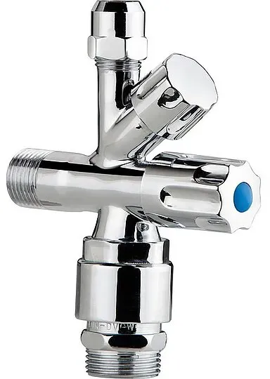 Kombi-Eckventil 1/2'' x 3/8'' x 3/4'' - selbstdichtend, mit Quetschverschraubung, mit Rohrbelüfter - chrom-poliert