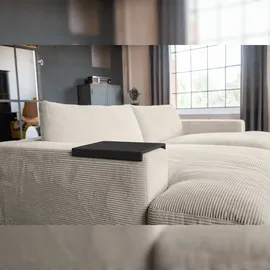 KAWOLA Big Sofa MADELINE Cord cremeweiß mit Hocker / 4 Zierkissen / Armlehntablett schwarz