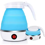 Tragbarer faltbarer Elektrischer Wasserkocher, Mini Silikon Reisewasserkocher Klein, 0.6L Electric Kettle, Edelstahlboden Wasserkessel Für Küche Reise Camping Outdoor (Blau)