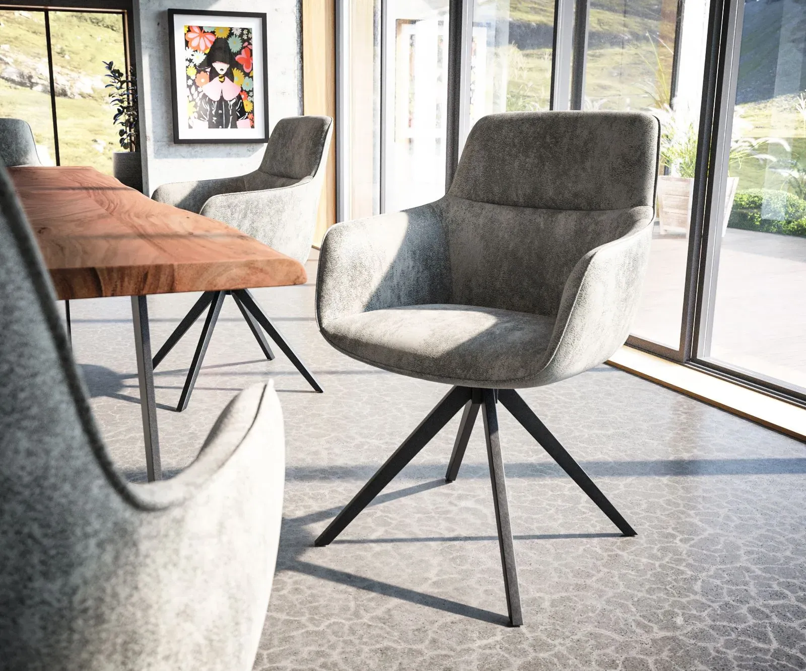 DELIFE Chaise-pivotante Pejo-Flex gris antique cadre croisé angulaire noir pivote sur 180°, Chaises de salle à manger