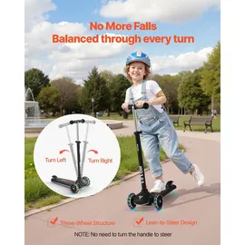 Vevor Scooter (3 Räder) ab 3 Jahren, Cityroller Kinderroller mit leuchtenden Rädern & höhenverstellbarem Lenker & rutschfestem Deck & leichtem Aluminiumrahmen, Tretroller bis zu 75 kg, Schwarz