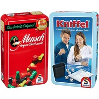 Schmidt Spiele 51204 Mensch ärgere Dich Nicht, Bring Mich mit Spiel in der Metalldose, Bunt & 51203 Kniffel, Bring Mich mit Spiel in der Metalldose, bunt