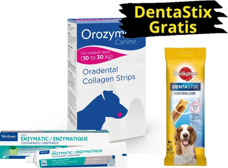 Orozyme-Collagen Strips für Hunde, Größe M 141g &  VIRBAC Zahnpasta zur enzymatischen + DentaStix GRATIS!