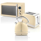 SWAN STRP2070CNEU Retro Set Frühstück, Wasserkocher 1,8 L, 2 Breitschlitz-Toaster, Mikrowelle 20 L, Creme, 850W