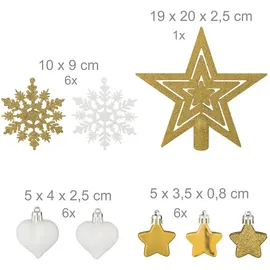 Relaxdays Weihnachtskugeln 101er Set, Kunststoff, Weihnachtsbaumdeko mit Kugeln & Spitze, Christbaumschmuck, Gold/weiß