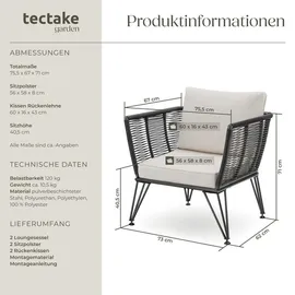 Tectake tectake® Garten-Loungesessel Sundo im Rope-Design, abnehmbare Polyesterbezüge, 75,5 x 67 x 71 cm,