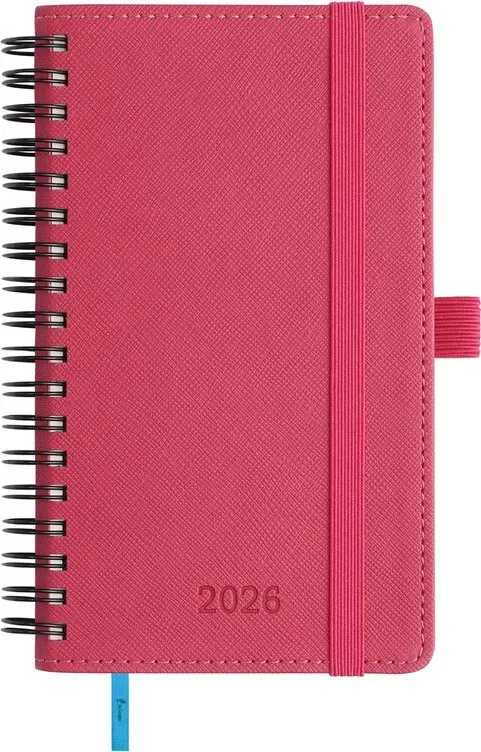 IN-LUXPRO Terminplaner 2026, Spiralblock A6 (16,4 x 9,6 cm), Woche auf zwei Seiten, 6 Sprachversionen, Wochen- & Monatsplaner mit Monats-Tabs, Tasche und Ausgaben- und Notizseiten, 100 g/m2 Papier, Softcover aus PU-Leder, rosenrot, Neujahr-Angebot, Top-Geschenkideen