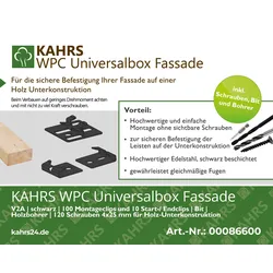 KAHRS WPC Universalbox Fassade, Montageclip V2A, schwarz, 100 Stck/Paket, inkl. Startclips,  Schrauben, Bit und Bohrer für Holz-Konstruktion