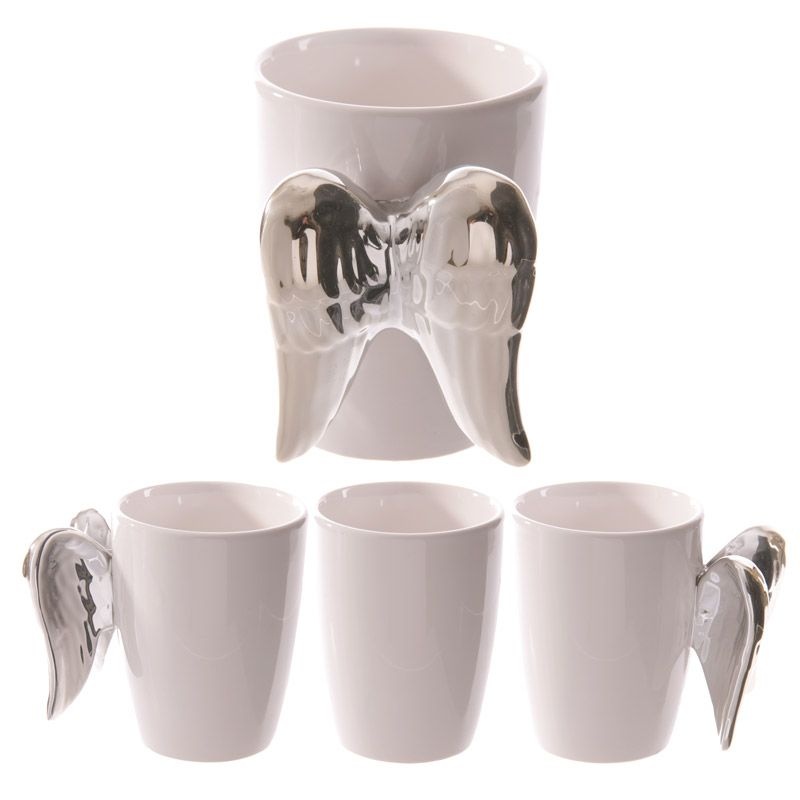 Tasse Weißer Engel mit Silberne Flügel geformter Henkel Tasse aus Dolomit-Keramik
