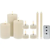 Set mit 9 LED-Kerzen, Stumpenkerzen, Abendessenkerzen und Teelichter mit rustikalen und glatten Oberflächen mit Fernbedienung