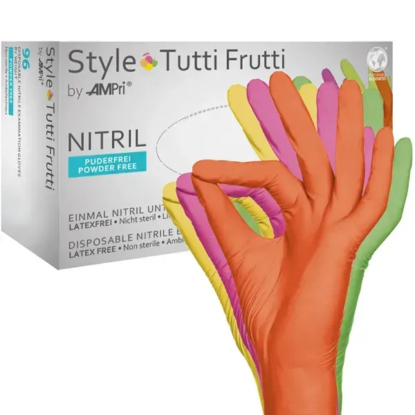 Nitrilhandschuhe Ampri STYLE TUTTIFRUTTI S farbmix Gr. 7, puderfreie, unsterile Nitrilhandschuhe, 96 Stück/Box