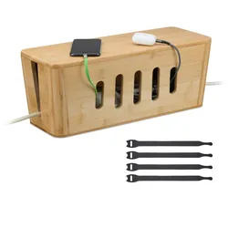 Relaxdays Kabelbox für 2 Steckdosenleisten, Bambus, HxBxT: 16,5 x 44 x 16 cm, Kabel verstecken, Steckdosenbox, natur