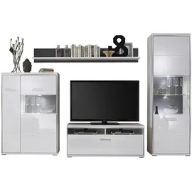 MCA Furniture Livetastic Wohnwand Accra, Grau, Silber, Weiß, Metall, 5 Fächer, 1 Schubladen, 301x201x52 cm, Made in EU, Wohnzimmer, Wohnwände, Wohnwand-Sets