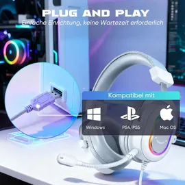Fifine Gaming Headset mit Mikrofon Over Ear Kopfhörer mit Kabel, USB Headset, Weiß - Weiß
