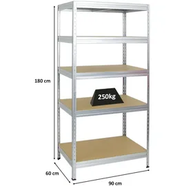 Proregal Schwerlastregal Rivet HxBxT 180x90x60cm Fachlast 250kg, Innovatives Stecksystem, Verzinkt, Garagenregal, Lagerregal, Steckregal, Kellerregal