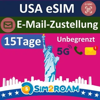 USA Native eSIM Karte, nutzt T-Mobile Netz | 15 Tage | Zeitnahe E-Mail-Zustellung | Unbegrenztes 5G Datenvolumen in den USA, 5GB in Kanada und Mexiko + Unbegrenzte Anrufe und SMS | Keine Roaming-SIM