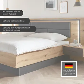 Rauch Bettanlage RAUCH "Bett Doppelbett Komortbett BILBAO-EXTRA", braun (eiche artisan, graumetallic), B:245cm H:109cm T:207cm, Holzwerkstoff, Schlafzimmermöbel-Sets, Bettgestell, Polster-Kopfteil in Lederoptik basalt, mit Beleuchtung MADE IN GERMANY