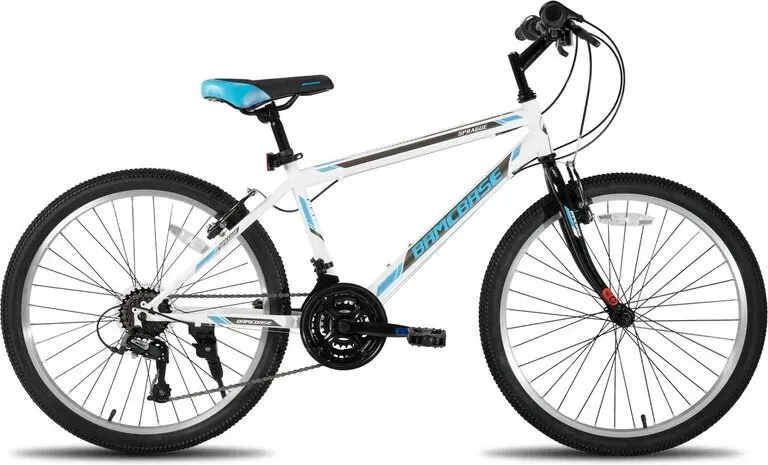 Bamcbase, Sprague, 21-Gang-Mountainbike für Erwachsene, Rahmen aus hochwertigem Hi-Ten-Stahl, Sport- und MTB-Fahrrad für Damen und Herren, Weiß, 24 Zoll