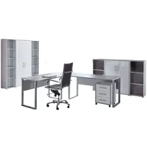 BMG-Möbel BMG-Moebel.de Büromöbel komplett Set Arbeitszimmer Office Edition in Lichtgrau/Weiß Hochglanz (Set 5,