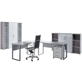 BMG-Möbel BMG-Moebel.de Büromöbel komplett Set Arbeitszimmer Office Edition in Lichtgrau/Weiß Hochglanz (Set 5,