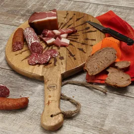 GAUMENKICK Schneidebrett PUSTEBLUME Mangoholz mit Griff Serviertablett 46cm