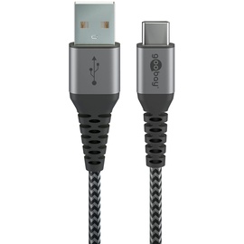 goobay Wentronic USB-C auf USB-A Textilkabel mit Metallsteckern 2.0m grau/silber 49297