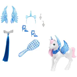 Mattel Barbie Einhorn-Spielzeug, Puppe zum 65. Jubiläum mit blauen Haaren, pinkfarbenem Kleid und Haustier-Einhorn