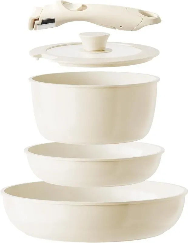【super deal】Redchef 5-teiliges Keramik-Kochgeschirr-Set, außen weiß, innen hellbraun, mit 20 cm Stielkasserolle mit Deckel & 20 cm/26 cm Bratpfannen, abnehmbarer Griff, PTFE/PFOA/PFAS-frei, spülmaschinengeeignet