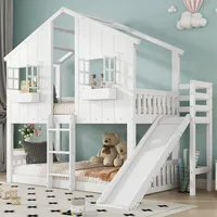 FAVSH Etagenbett Kinderbett 90x200cm, Hochbett mit Rutsche, Stockbett mit Rutsche&Leiter&Fenstern&Dach&Aufbewahrungsbox, mit Fallschutzgitter Dreistufiger Leiter, Kiefer+MDF, ohne Matratze, Weiß