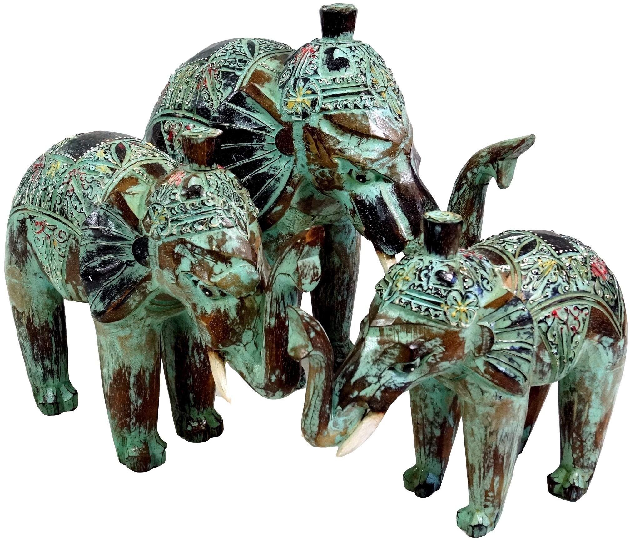 GURU SHOP Geschnitzter Elefant in 3 Größen - Grün, Holz, Größe: Mittel (25x30x10 cm), Tierfiguren