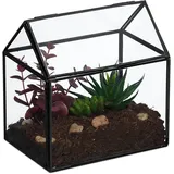 Relaxdays Pflanzenterrarium, Glas & Zinn, Deko Glashaus für Kakteen & Moos, Glaskasten für Fensterbank, schwarz